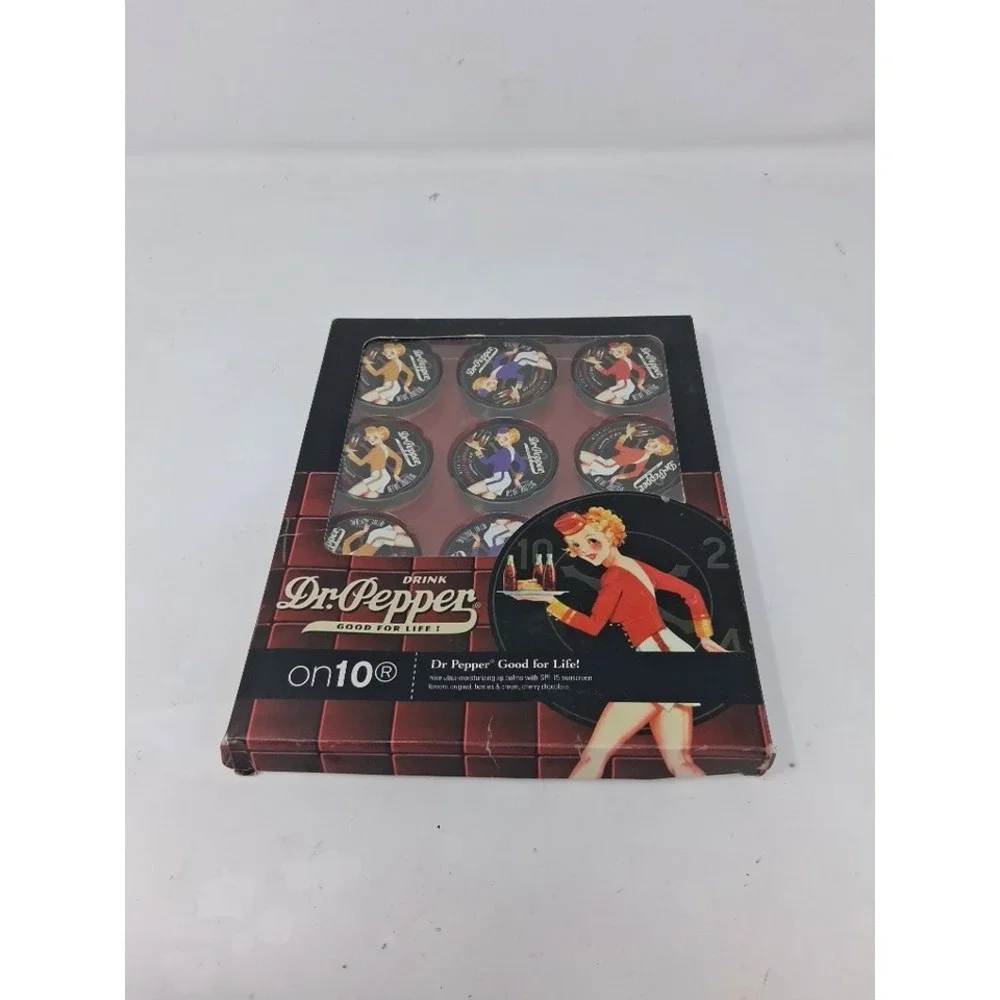 Dr Pepper on10 Lip Balm Set 9 Tins SPF 15 Vintage Pinup Retro Soda Flavors NIB Y